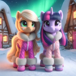 Size: 1024x1024 | Tagged: safe, ai content, machine learning generated, applejack, twilight sparkle, unicorn twilight, earth pony, pony, unicorn, alternate hairstyle, aurora borealis, bing, clothed ponies, clothes, duo, female, hoof boots, looking at something, looking at you, mare, missing accessory, night, ponyville, smiling, smiling at you, snow, winter, winter outfit