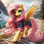 Size: 1024x1024 | Tagged: safe, ai content, machine learning generated, fluttershy, pegasus, pony, bing, clothed ponies, clothes, female, fluffy, long hair, looking at you, mare, mountain, outdoors, solo, spread wings, tree