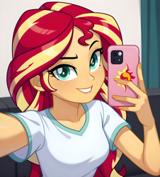 Size: 2960x3280 | Tagged: safe, ai content, derpibooru import, generator:pony diffusion v6 xl, generator:stable diffusion, machine learning generated, sunset shimmer, human, equestria girls, g4, breasts, cellphone, holding phone, looking at you, phone, prompter:thismaybeyou, selfie, smartphone, smiling, smiling at you, smirk
