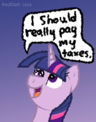Size: 462x585 | Tagged: safe, artist:realdash, derpibooru import, twilight sparkle, unicorn twilight, pony, unicorn, g4, cute, doodle, female, gradient background, horn, horse taxes, looking up, mare, open mouth, pay your taxes, pixel art, smiling, solo, taxes, text, twiabetes