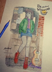 Size: 1463x2048 | Tagged: safe, artist:daisymane, derpibooru import, octavia melody, human, equestria girls, g4, bass guitar, clothes, female, fishnets, guitar, hofner bass, jacket, looking away, musical instrument, skirt, solo, traditional art, watercolor painting