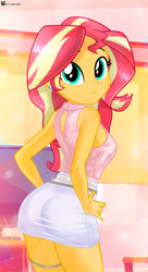 Size: 626x1151 | Tagged: safe, artist:charliexe, derpibooru import, sunset shimmer, human, equestria girls, g4, ass, back, background, backless, belt, breasts, bunset shimmer, butt, clothes, cute, ear piercing, earring, female, jewelry, looking at you, looking back, open-back sweater, piercing, shimmerbetes, sideboob, skirt, sleeveless, sleeveless sweater, solo, sparkly background, stupid sexy sunset shimmer, sweater, virgin killer sweater, waifu material, warm colors