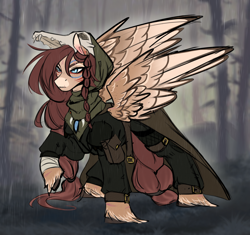 Size: 1776x1668 | Tagged: safe, artist:ondrea, artist:pixxpal, derpibooru import, oc, oc only, oc:ondrea, pegasus, pony, fallout equestria, cloak, clothes, female, fetlock tuft, forest, hood, infected, mare, nature, pegasus oc, scar, skull, solo, standing, tree, unshorn fetlocks