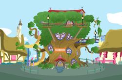Size: 3118x2052 | Tagged: safe, artist:aleximusprime, artist:gatesmccloud, derpibooru import, background, fence, flag, flag of equestria, harmony clubhouse tree, high res, no pony, ponyville, swing, telescope, tire, tire swing, tree