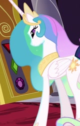 Size: 692x1080 | Tagged: safe, derpibooru import, screencap, princess celestia, pony, g4, the return of harmony, canterlot castle interior, concave belly, cropped, crown, ethereal mane, facing away, folded wings, hoof shoes, horn, jewelry, long horn, peytral, princess shoes, regalia, slender, solo, tall, thin, wings