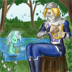 Size: 900x900 | Tagged: safe, artist:johnjoseco, artist:michos, derpibooru import, lyra heartstrings, sea pony, g4, crossover, lyre, music notes, musical instrument, pond, seaponified, seapony lyra, sheik, species swap, the legend of zelda, tree, tree stump, water