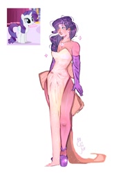 Size: 1750x2250 | Tagged: safe, artist:yurico, derpibooru import, rarity, human, g4, clothes, dress, episode needed, gloves, high heels, humanized, long gloves, platform heels, platform shoes, screencap reference, shoes, simple background, solo, white background