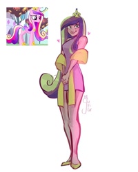 Size: 1080x1350 | Tagged: safe, artist:yurico, derpibooru import, princess cadance, human, pony, g4, episode needed, humanized, jewelry, screencap reference, simple background, slender, solo, thin, tiara, white background