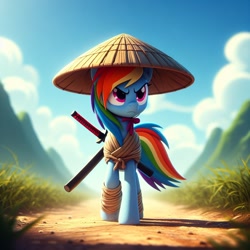 Size: 1024x1024 | Tagged: safe, ai content, derpibooru import, generator:dall-e 3, machine learning generated, rainbow dash, pony, g4, angry eyes, asian conical hat, female, hat, katana, mountain, mountain range, prompter:doomguy397, samurai, solo, sword, weapon