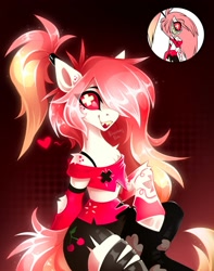 Size: 1575x2000 | Tagged: safe, artist:buvanybu, derpibooru import, cyclops, demon, demon pony, pony, semi-anthro, undead, belly, cherri bomb, chest fluff, clothes, cyclops demon, cyclops pony, fangs, female, freckles, gradient background, hazbin hotel, hellaverse, hoof fluff, human shoulders, mare, midriff, one eyed, open mouth, pants, ponified, ponytail, raised hoof, raised leg, red eyes, ripped pants, sharp teeth, shirt, shoulder fluff, sinner demon, skirt, slender, smiling, solo, species swap, tattoo, teeth, thin, torn clothes, wingding eyes