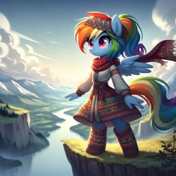 Size: 1024x1024 | Tagged: safe, ai content, derpibooru import, machine learning generated, rainbow dash, anthro, g4, clothes, cyrillic, female, mountain, prompter needed, river, russian, slavic, solo, water