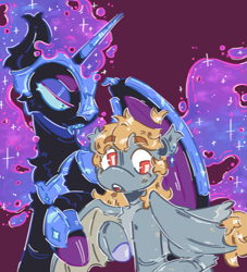 Size: 1555x1711 | Tagged: safe, artist:tottallytoby, derpibooru import, derpy hooves, nightmare moon, alicorn, bat pony, pony, g4, ahoge, alternate color palette, alternate design, alternate eye color, alternate hairstyle, alternate tailstyle, armor, bat ponified, bat wings, black coat, blonde, blonde mane, blonde tail, blue sclera, body freckles, bracer, cheek fluff, chest fluff, colored belly, colored eyebrows, colored hooves, colored sclera, colored teeth, colored wings, countershading, cute, cute little fangs, derpybat, duo, duo female, ear fluff, ear tufts, ears, ethereal mane, ethereal tail, eyebrows, eyebrows visible through hair, eyelashes, fangs, female, floating eyebrows, freckles, gray coat, height difference, helmet, horn, horn cap, jewelry, leg freckles, lesbian, lidded eyes, long mane, long tail, looking at someone, mare, multicolored mane, multicolored tail, narrowed eyes, nightmare moon armor, nightmarederp, open mouth, orange eyes, pale belly, peytral, profile, race swap, raised hoof, raised leg, red background, regalia, sharp teeth, shipping, short tail, simple background, smiling, starry mane, starry tail, tail, teeth, two toned wings, wall of tags, wing armor, wing freckles, wingding eyes, wings