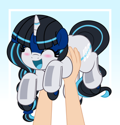 Size: 4822x5000 | Tagged: safe, artist:jhayarr23, derpibooru import, oc, oc only, oc:ratangga, human, object pony, original species, pony, unicorn, cute, gradient background, grin, hand, happy, holding a pony, horn, offscreen character, offscreen human, open mouth, smiling, solo focus, train, train pony