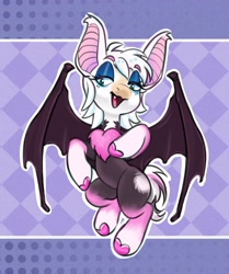 Size: 3098x3706 | Tagged: safe, artist:opalacorn, derpibooru import, bat pony, pony, eye clipping through hair, eyebrows, eyebrows visible through hair, female, high res, lidded eyes, mare, open mouth, open smile, patterned background, ponified, rouge the bat, smiling, solo, sonic the hedgehog (series), species swap