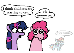 Size: 1109x803 | Tagged: safe, artist:punkittdev, derpibooru import, pinkie pie, rainbow dash, twilight sparkle, twilight sparkle (alicorn), alicorn, earth pony, pegasus, pony, g4, comic panel, dialogue, duo focus, female, frown, mare, simple background, speech bubble, trio, white background