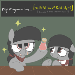 Size: 1020x1020 | Tagged: safe, artist:castafae, derpibooru import, oc, oc only, oc:ardent glyph, oc:faint rune, earth pony, bandaid, bandana, clapping, clothes, dialogue, duo, duo female, ears, female, filly, floppy ears, foal, green background, misspelling, ponytail, potion, scarf, siblings, simple background, stars, table, tooth gap, twins