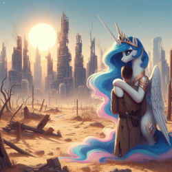 Size: 1024x1024 | Tagged: safe, ai content, derpibooru import, generator:bing image creator, generator:dall-e 3, machine learning generated, princess celestia, alicorn, human, g4, anonymous prompter, bipedal, city, cityscape, clothes, coat, dead tree, desert, hug, post-apocalyptic, sand, skyscraper, standing, tower, tree, trenchcoat, wrong cutie mark