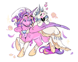 Size: 2238x1785 | Tagged: safe, artist:gorjee-art, derpibooru import, princess cadance, shining armor, alicorn, pony, unicorn, g4, clothes, dress, duo, duo male and female, female, floating heart, flower, heart, hoof on chin, horn, husband and wife, jewelry, kiss mark, large wings, larger female, lipstick, looking back, male, mare, married couple, meme, ponies riding ponies, riding, ring, shining armor riding cadence, shiningcadance, shipping, simple background, size difference, smaller male, smiling, sparkles, stallion, straight, the bride and the ugly ass groom, wedding dress, wedding ring, white background, wings