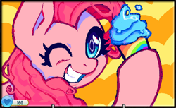 Size: 1362x836 | Tagged: safe, artist:catsupremacy, derpibooru import, pinkie pie, earth pony, pony, g4, abstract background, animal jam, cupcake, food, grin, one eye closed, smiling, solo, teeth, wink