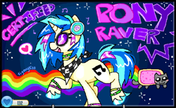 Size: 1362x836 | Tagged: source needed, safe, artist:tigery500, derpibooru import, dj pon-3, rainbow dash, vinyl scratch, cat, pony, unicorn, g4, bandana, blush sticker, blushing, choker, colored hooves, coontails, eyebrows, eyebrows visible through hair, eyelashes, female, glasses, glowstick, headphones, heart, hoof polish, horn, mare, music notes, nyan cat, open mouth, open smile, raised hoof, raised leg, scene kid, signature, smiling, solo, space, stars, text, trotting, unshorn fetlocks, vinyl's glasses