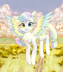 Size: 3500x4000 | Tagged: safe, artist:闪电_lightning, derpibooru import, oc, oc only, pegasus, flying, heterochromia, looking at you, pegasus oc, scenery, sky, solo, spread wings, wings