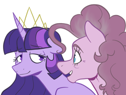 Size: 1400x1056 | Tagged: safe, artist:smirk, derpibooru import, pinkie pie, twilight sparkle, g4, crown, duo, jewelry, lidded eyes, older, regalia, simple background, somber, transparent background, wrinkles