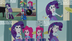 Size: 2000x1125 | Tagged: safe, derpibooru import, edit, edited screencap, editor:quoterific, screencap, pinkie pie, rainbow dash, rarity, equestria girls, g4, rainbow rocks, drums, keytar, musical instrument, piano