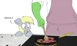 Size: 4800x2919 | Tagged: safe, artist:ponny, derpibooru import, derpy hooves, oc, oc:anon, human, pegasus, pony, colored, cooking, food, frying pan, meat, sausage, simple background, speech bubble, stove, text, white background, wooden spoon