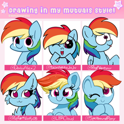 Size: 2048x2038 | Tagged: safe, artist:kittyrosie, derpibooru import, rainbow dash, pegasus, pony, g4, :3, cheek fluff, chest fluff, cute, dashabetes, dashstorm, drawing in mutuals style, ear fluff, ears, female, kittyrosie is trying to murder us, mare, multeity, one eye closed, open mouth, style emulation, tongue, tongue out