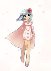 Size: 1000x1407 | Tagged: safe, artist:howxu, derpibooru import, coco pommel, human, equestria girls, g4, cape, clothes, commission, dress, equestria girls-ified, simple background, solo, white background