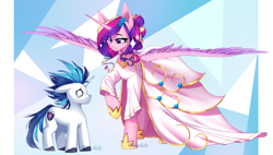 Size: 3229x1834 | Tagged: safe, artist:mediasmile666, derpibooru import, princess cadance, shining armor, alicorn, pony, unicorn, g4, alternate hairstyle, clothes, dress, duo, duo male and female, female, horn, male, mare, meme, size difference, smaller male, stallion, the bride and the ugly ass groom, wedding dress