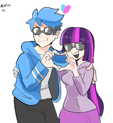 Size: 1040x1130 | Tagged: safe, artist:alexicoreborn, derpibooru import, twilight sparkle, human, g4, clothes, crossover, crossover shipping, emanata, female, hand on shoulder, heart hands, humanized, jacket, male, mordecai, mordetwi, regular show, shipping, signature, simple background, skirt, straight, sunglasses, sweater dress, white background