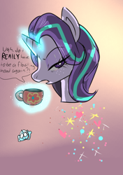 Size: 874x1240 | Tagged: safe, artist:peanutfrogy, derpibooru import, starlight glimmer, trixie, pony, unicorn, g4, annoyed, cup, decapitated, dialogue, disembodied head, female, freckles, glowing, glowing horn, heart, horn, lesbian, shipping, sparkles, stars, startrix, thumbs up, wat