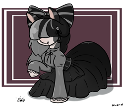 Size: 974x846 | Tagged: safe, artist:n-o-n, derpibooru import, oc, oc:lucy moonrise, oc:only, earth pony, pony, spider, bow, clothes, corset, dress, earth pony oc, goth, gothic, hair bow, simple background, solo