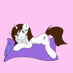 Size: 4096x4096 | Tagged: safe, artist:riley_draws_, derpibooru import, oc, oc:brittneigh ackermane, pony, unicorn, body pillow, brown hair, brown mane, female, female oc, horn, lying down, pillow, pink background, prone, simple background, staring at you, unicorn oc