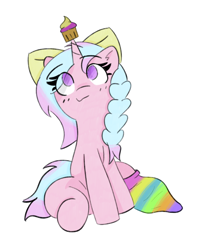 Size: 3104x3836 | Tagged: safe, artist:riley_draws_, derpibooru import, oc, oc only, oc:cupcake swirl, pony, unicorn, bow, braid, clothes, colored, colorful, cupcake, digital art, food, hair bow, happy, horn, looking up, pink pony, purple eyes, simple background, sitting, smiling, sock, socks, solo, unicorn oc, white background