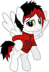 Size: 932x1378 | Tagged: safe, artist:lightningbolt, derpibooru exclusive, derpibooru import, pegasus, pony, .svg available, awsten knight, clothes, dyed mane, dyed tail, flying, heterochromia, hoof on hip, lidded eyes, looking at you, male, ponified, shirt, show accurate, simple background, solo, species swap, spread wings, stallion, svg, t-shirt, tail, transparent background, vector, vulgar, waterparks, wings