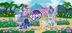 Size: 1666x768 | Tagged: safe, derpibooru import, fluttershy, princess cadance, princess celestia, princess flurry heart, princess luna, starlight glimmer, trixie, breezie, pegasus, pony, g4, breeziefied, female, game screencap, gameloft, loading screen, mare, my little pony logo, my little pony: magic princess, official, older, older flurry heart, one of these things is not like the others, species swap, video game