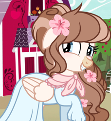 Size: 1080x1184 | Tagged: safe, alternate version, artist:cstrawberrymilk, derpibooru import, oc, oc only, oc:strawberry milk, pegasus, pony, clothes, dress, female, flower, flower in hair, mare, solo