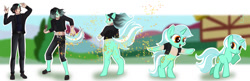 Size: 826x268 | Tagged: safe, artist:somerandomaccount, derpibooru import, lyra heartstrings, human, pony, unicorn, g4, dissolving clothes, happy, horn, human to pony, ironic, male to female, species swap, transformation, transgender transformation