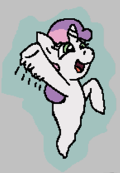 Size: 383x549 | Tagged: safe, artist:realdash, derpibooru import, sweetie belle, ghost, ghost pony, pony, undead, unicorn, g4, aggie.io, aura, cute, diasweetes, female, filly, foal, happy, horn, implied anon, motion lines, offscreen character, pixel art, smiling, solo, spooky belle, waving