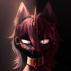 Size: 4000x4000 | Tagged: safe, artist:unt3n, derpibooru import, pony, unicorn, black tears, bust, creepy, crying, ear piercing, earring, horn, horn ring, jewelry, necklace, piercing, portrait, ring, white eyes