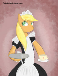 Size: 1200x1573 | Tagged: safe, artist:tsubukisan, derpibooru import, applejack, earth pony, pony, semi-anthro, g4, clothes, cup, female, maid, mare, solo, teacup