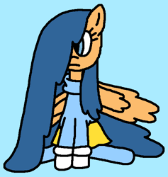 Size: 551x581 | Tagged: safe, artist:gillianthecreator36, derpibooru import, first base, pegasus, pony, g4, adorabase, blue background, clothes, cute, evelyn, evelyn's gloves, evelyn's skirt, evelyn's sweater, evelyn's tights, female, frown, gloves, long hair, long mane, long tail, mare, older, older first base, pegasus first base, sad, sadbase, sadorable, simple background, sitting, skirt, solo, sweater, tail