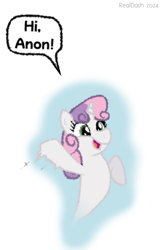 Size: 723x1122 | Tagged: safe, artist:realdash, derpibooru import, sweetie belle, ghost, ghost pony, pony, undead, unicorn, g4, aggie.io, aura, cute, diasweetes, female, filly, foal, happy, horn, implied anon, motion lines, offscreen character, pixel art, redraw, smiling, solo, spooky belle, waving