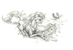 Size: 1500x1024 | Tagged: safe, artist:baron engel, derpibooru import, mistmane, bird, duck, pony, unicorn, g4, black and white, female, flower, grayscale, horn, mare, monochrome, pencil drawing, reflection, simple background, solo, traditional art, water, white background, young mistmane