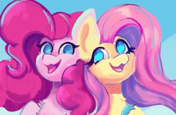 Size: 1046x686 | Tagged: safe, artist:saphypone, derpibooru import, fluttershy, pinkie pie, earth pony, pegasus, pony, g4, bust, duo, no pupils, smiling