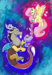 Size: 4169x5906 | Tagged: safe, artist:delfinaluther, derpibooru import, discord, fluttershy, draconequus, pegasus, pony, g4, colorful background, discoshy, feather, female, food, heart, love, male, shipping, straight, tea, tea party, wings