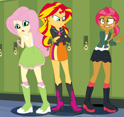 Size: 3400x3204 | Tagged: safe, artist:gmaplay, derpibooru import, babs seed, fluttershy, sunset shimmer, equestria girls, g4, clothes, defending, female, fluttershy's skirt, lockers, older, older babs seed, protecting, skirt, solo, trio, trio female