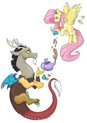 Size: 3508x4961 | Tagged: safe, artist:delfinaluther, derpibooru import, discord, fluttershy, butterfly, draconequus, pegasus, pony, g4, discoshy, female, food, love, male, shipping, straight, tea, tea party, wings